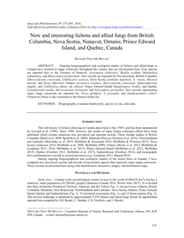 New and Interesting Lichens and Allied Fungi from British Columbia, Nova Scotia, Nunavut, Ontario, Prince Edward Island, and Quebec, Canada