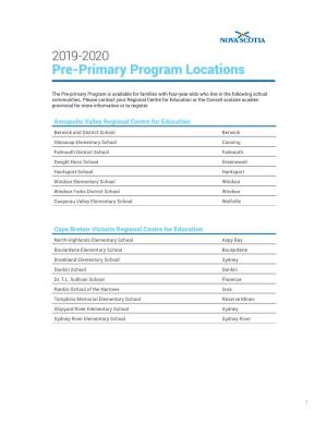 2019-2020 Pre-Primary Program Locations