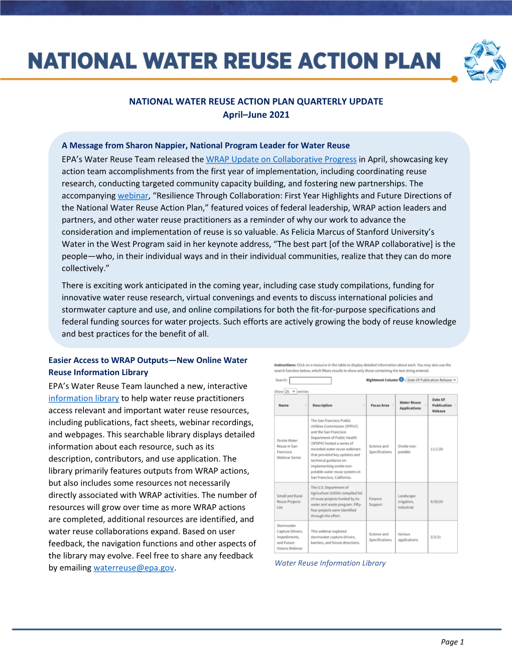 National Water Reuse Action Plan Quarterly Update (April-June 2021)