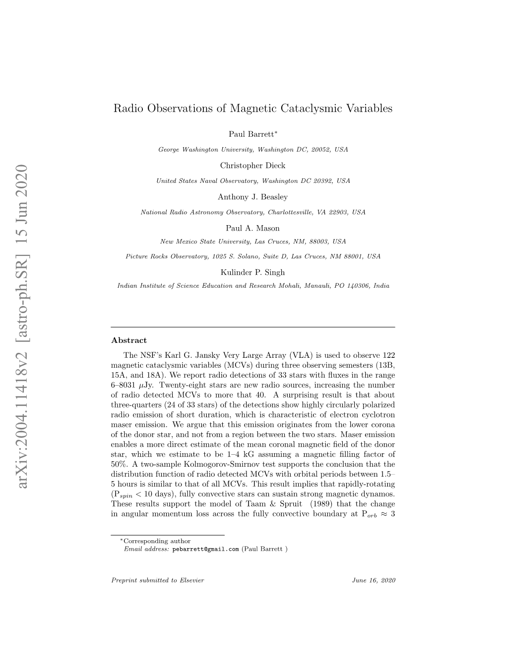 Arxiv:2004.11418V2 [Astro-Ph.SR] 15 Jun 2020