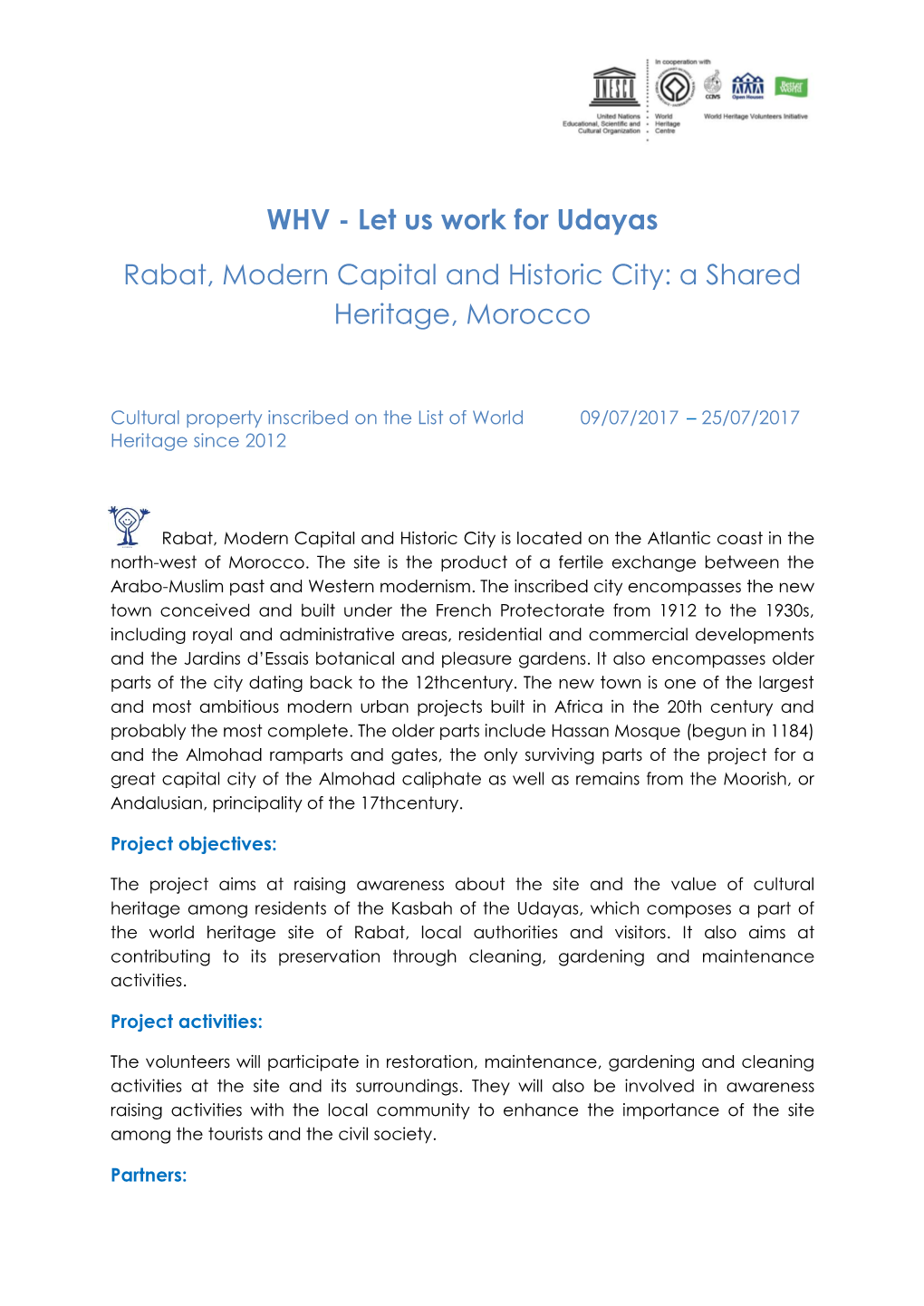 WHV - Let Us Work for Udayas Rabat, Modern Capital and Historic City: a Shared Heritage, Morocco