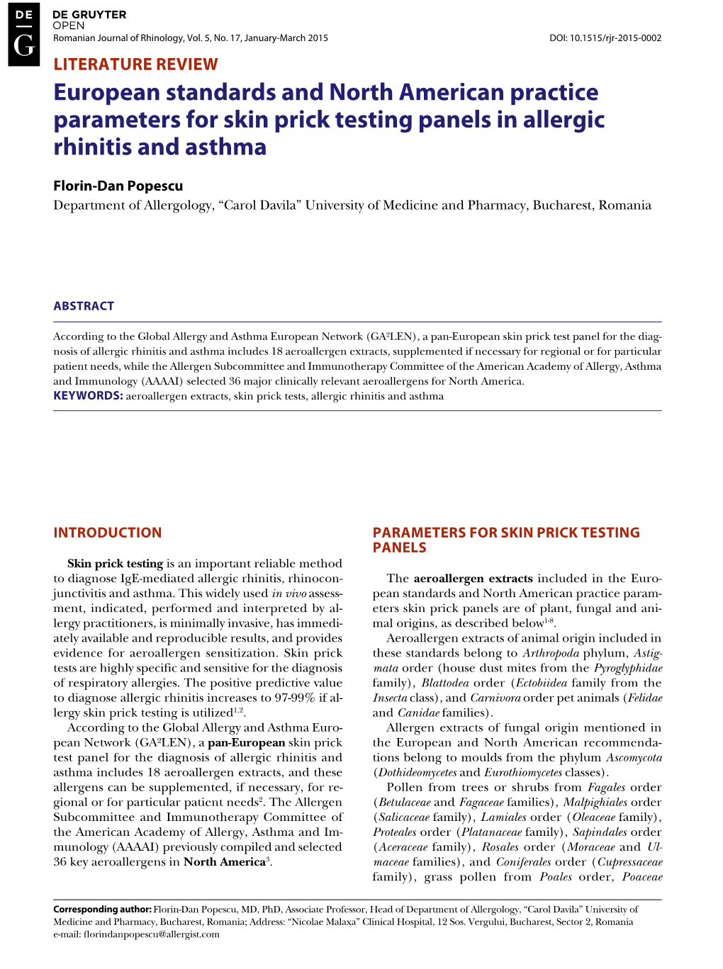 European Standards and North American Practice Parameters for Skin Prick Testing Panels in Allergic Rhinitis and Asthma