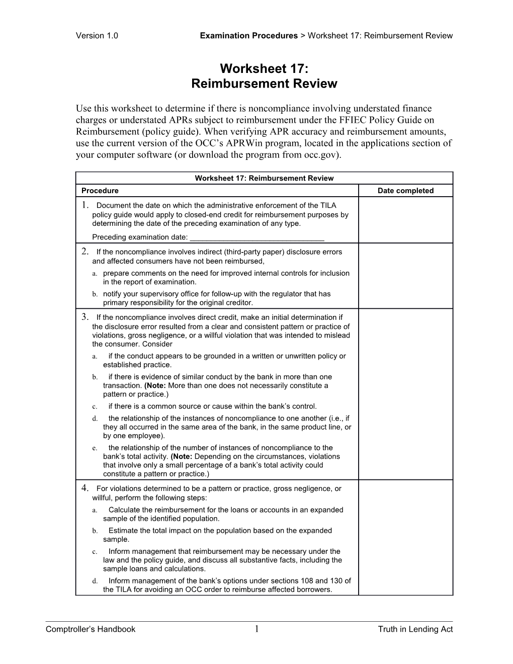 Truth in Lending Act, Comptroller's Handbook s1