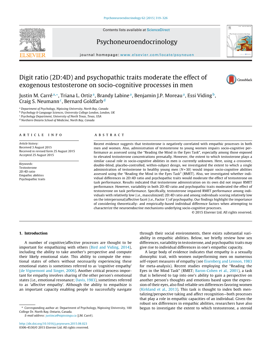 Digit Ratio (2D:4D) and Psychopathic Traits Moderate the Effect Of