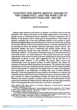 Lunatics and Idiots: Mental Disability, the Community, and the Poor Law in North-East England, 1600-1800