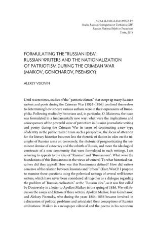 Russian Writers and the Nationalization of Patriotism During the Crimean War (Maikov, Goncharov, Pisemsky)