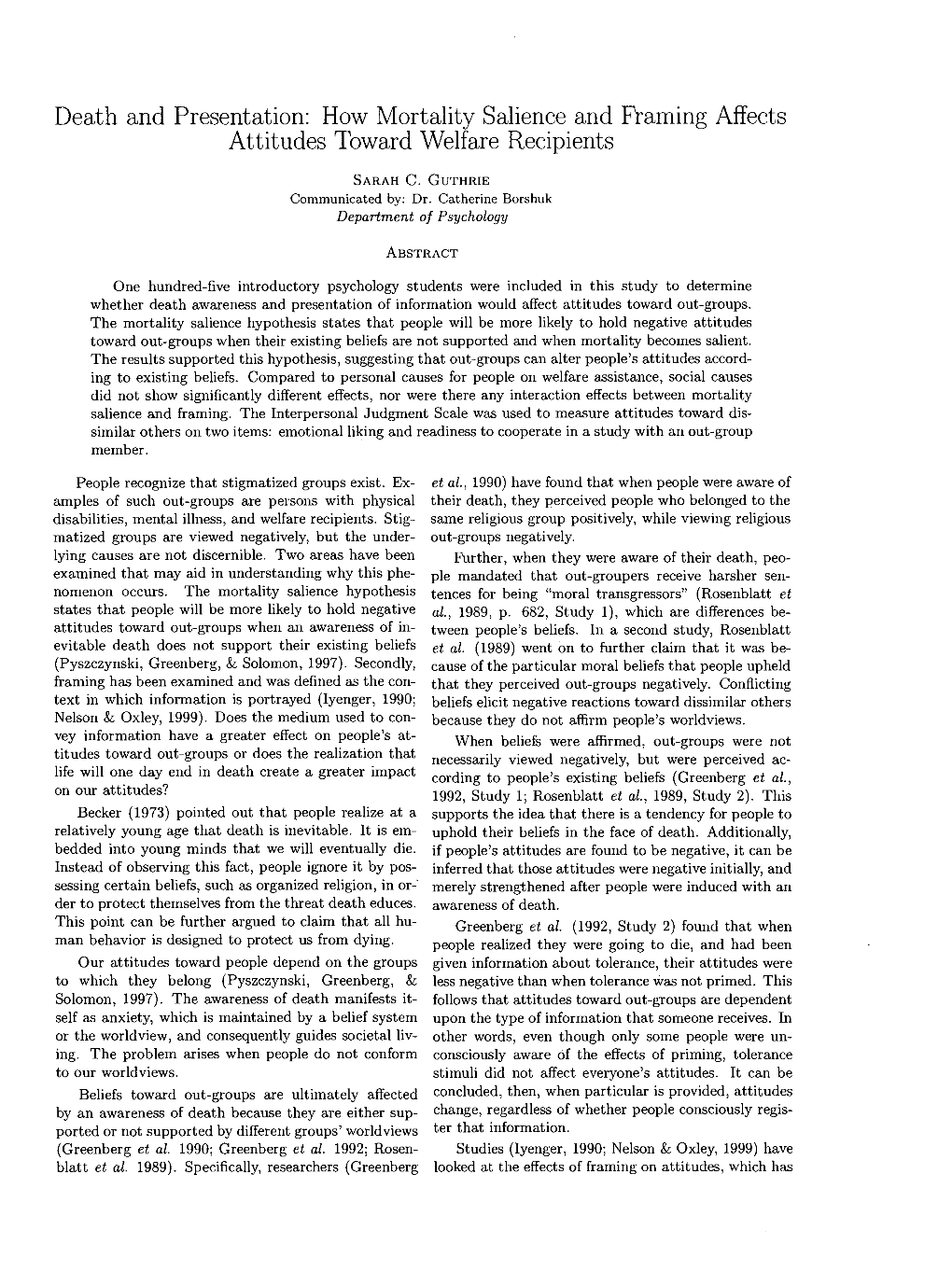 Death and Presentation: How Mortality Salience and Framing Affects Attitudes Toward Welfare Recipients