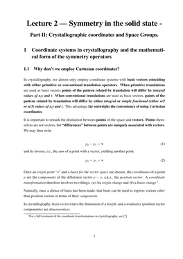 Lecture 2 — Symmetry in the Solid State - Part II: Crystallographic Coordinates and Space Groups