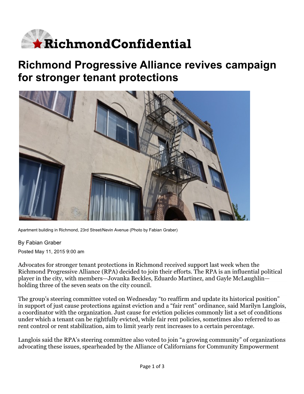 Richmond Progressive Alliance Revives Campaign for Stronger Tenant Protections