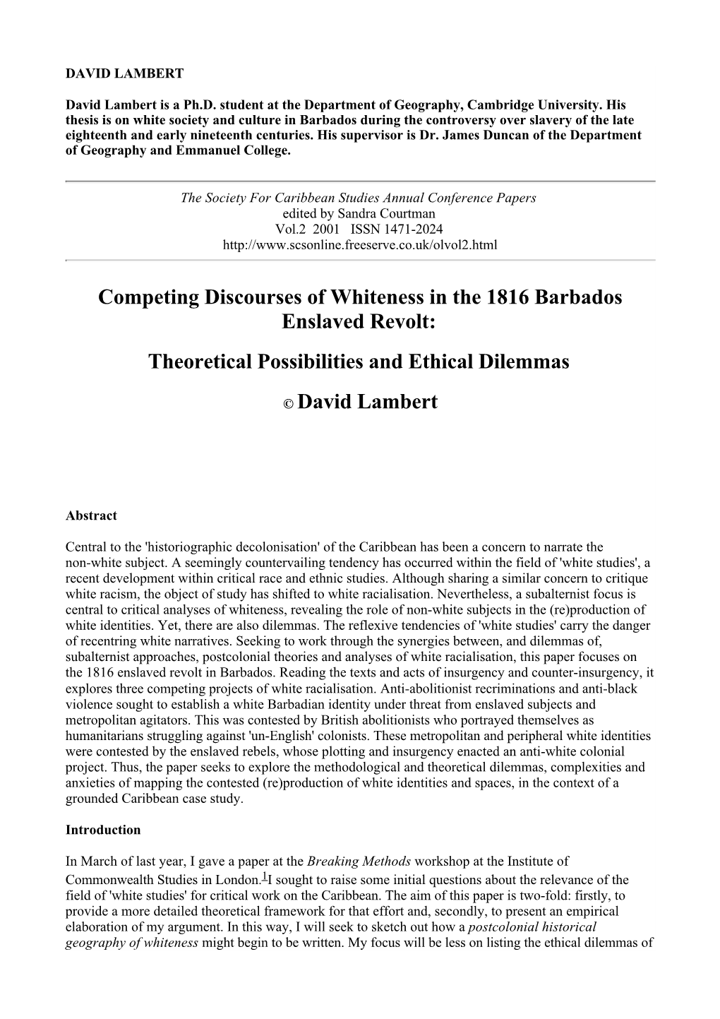 Competing Discourses of Whiteness in the 1816 Barbados Enslaved Revolt