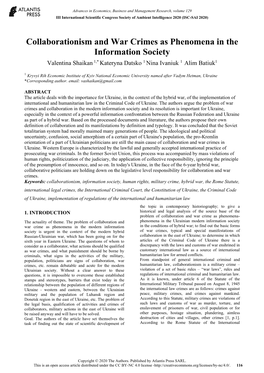 Collaborationism and War Crimes As Phenomena in the Information Society Valentina Shaikan 1,* Kateryna Datsko 1 Nina Ivaniuk 1 Alim Batiuk1