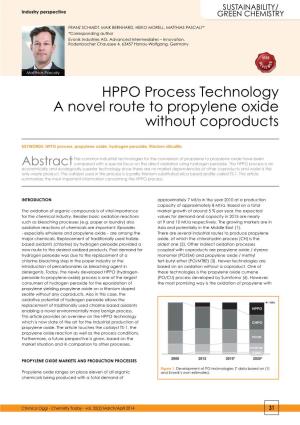 HPPO Process Technology a Novel Route to Propylene Oxide Without Coproducts
