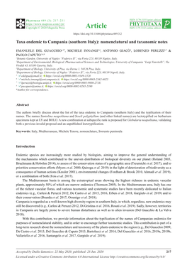 Taxa Endemic to Campania (Southern Italy): Nomenclatural and Taxonomic Notes