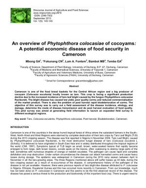 An Overview of Phytophthora Colocasiae of Cocoyams: a Potential Economic Disease of Food Security in Cameroon