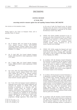 COUNCIL DECISION of 26 July 2010 Concerning Restrictive Measures Against Iran and Repealing Common Position 2007/140/CFSP
