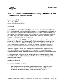 For Action 2018 TTC Transit Enforcement Annual Report to the TTC and Toronto Police Services Board