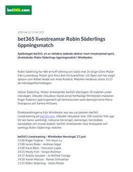 Bet365 Livestreamar Robin Söderlings Öppningsmatch