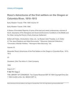 Ross's Adventures of the First Settlers on the Oregon Or Columbia River, 1810–1813