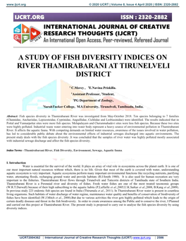 A Study of Fish Diversity Indices on River Thamirabarani at Tirunelveli District