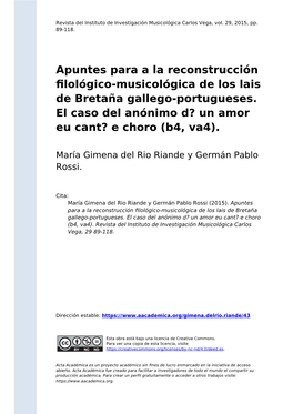 Apuntes Para a La Reconstrucción Filológico-Musicológica De Los Lais De Bretaña Gallego-Portugueses