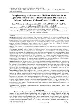 Complementary and Alternative Medicine Modalities As an Option of Patients Toward Improved Health Outcomes in a Selected Health and Wellness Center: Lived Experience