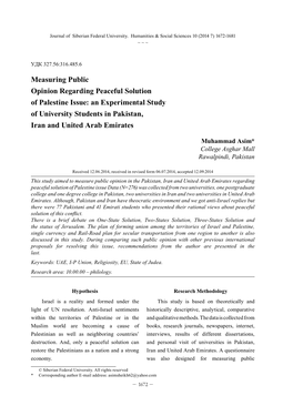 Measuring Public Opinion Regarding Peaceful Solution of Palestine Issue: an Experimental Study of University Students in Pakistan, Iran and United Arab Emirates