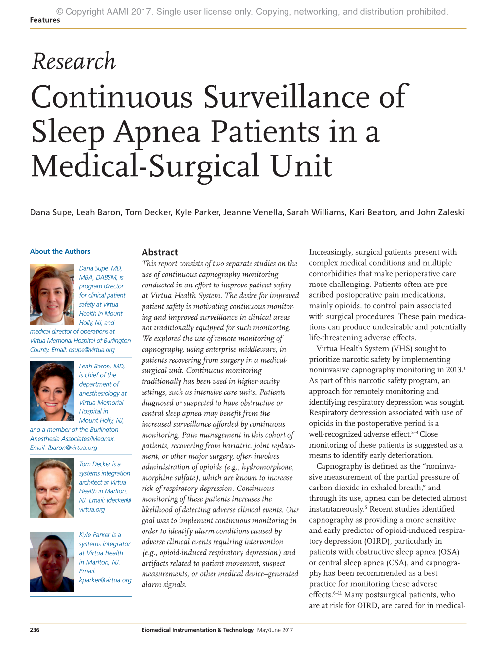 Continuous Surveillance of Sleep Apnea Patients in a Medical-Surgical Unit