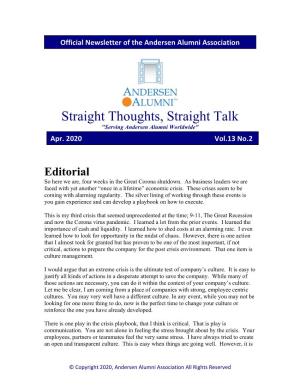 Straight Thoughts, Straight Talk "Serving Andersen Alumni Worldwide"