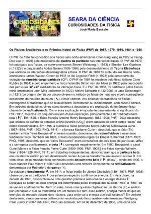 Os Físicos Brasileiros E Os Prêmios Nobel De Física (PNF) De 1957, 1979, 1980, 1984 E 1988