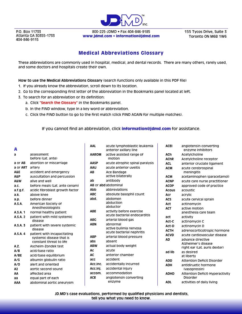 JD.MD, Inc. Medical Abbreviations Glossary