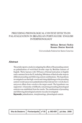 Preceding Phonological Context Effects on Palatalization in Brazilian Portuguese/English Interphonology