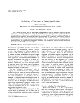 Sufficiency of Disclosure in Patent Specification