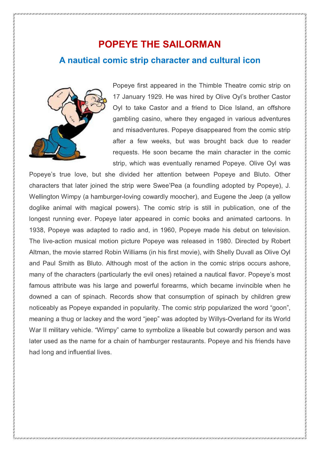 POPEYE the SAILORMAN a Nautical Comic Strip Character and Cultural Icon