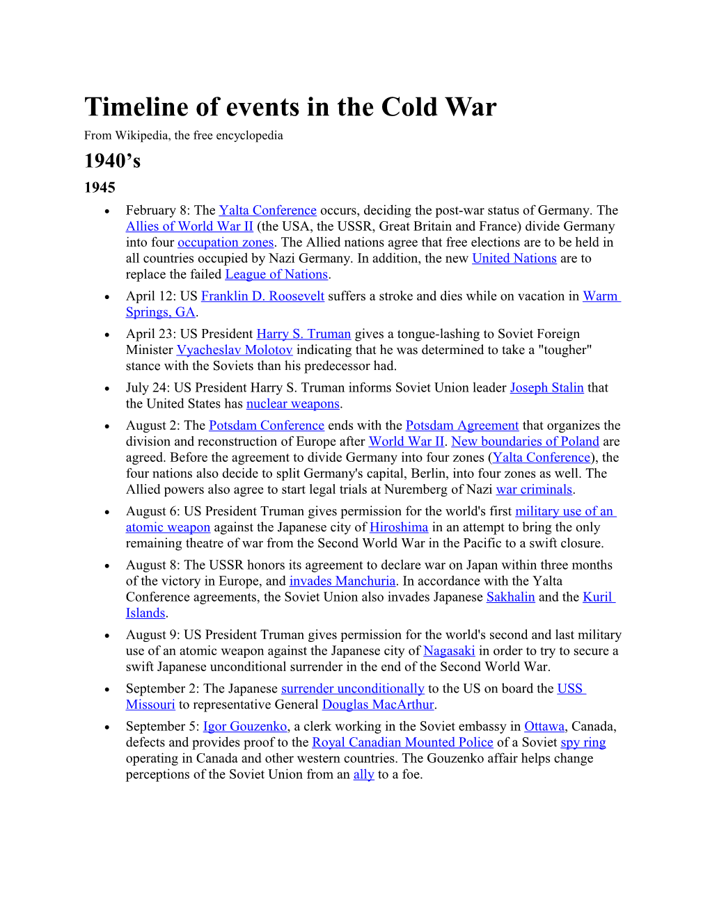 Timeline of Events in the Cold War