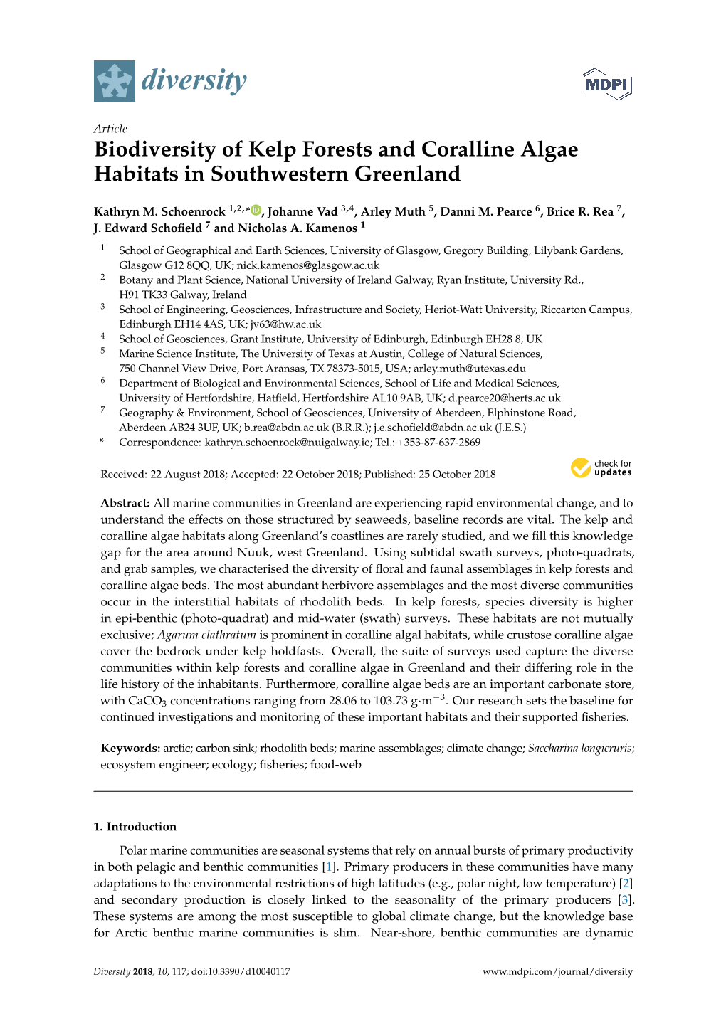 Biodiversity of Kelp Forests and Coralline Algae Habitats in Southwestern Greenland