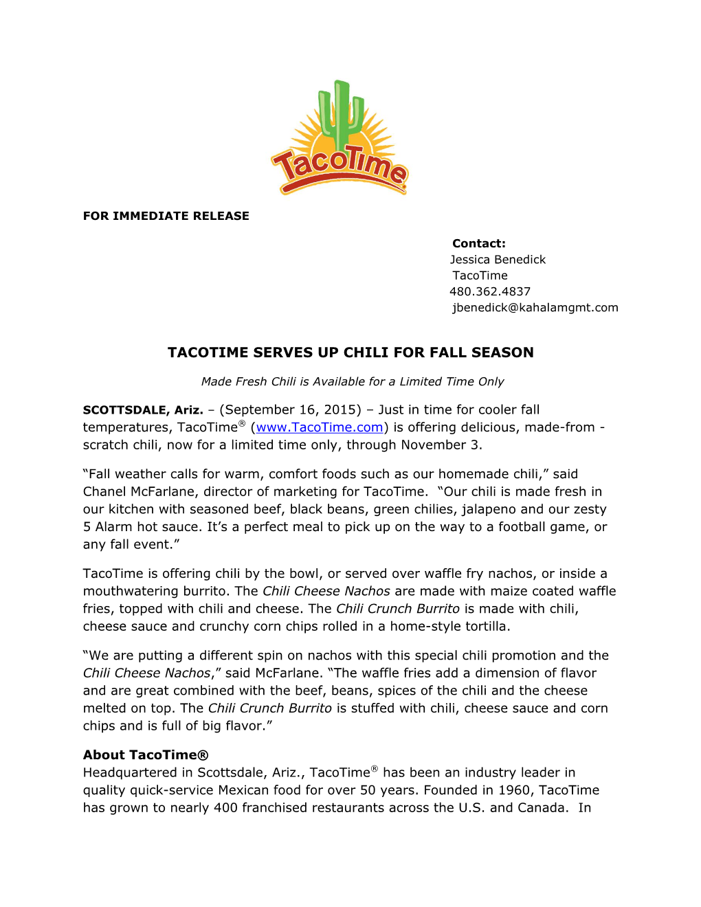 Tacotime Serves up Chili for Fall Season