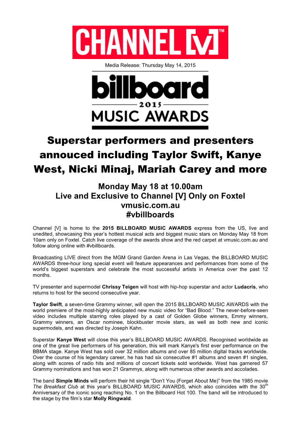 Superstar Performers and Presenters Annouced Including Taylor Swift, Kanye West, Nicki Minaj, Mariah Carey and More