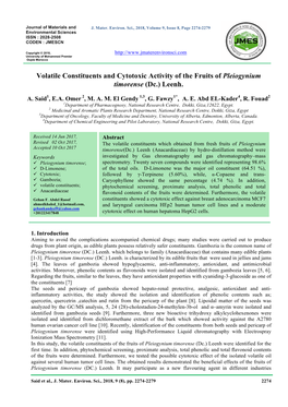 Volatile Constituents and Cytotoxic Activity of the Fruits of Pleiogynium Timorense (Dc.) Leenh