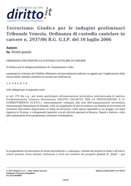 Terrorismo: Giudice Per Le Indagini Preliminari Tribunale Venezia, Ordinanza Di Custodia Cautelare in Carcere N