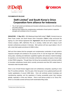 Delfi Limited and South Korea's Orion Corporation Form Alliance for Indonesia