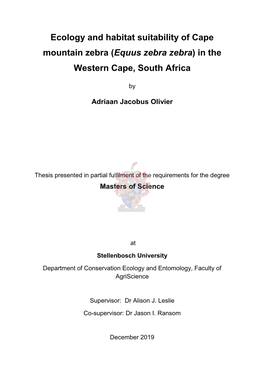 Ecology and Habitat Suitability of Cape Mountain Zebra (Equus Zebra Zebra) in the Western Cape, South Africa