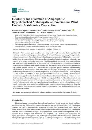 Flexibility and Hydration of Amphiphilic Hyperbranched Arabinogalactan-Protein from Plant Exudate: a Volumetric Perspective