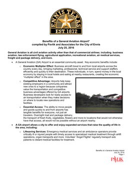 Benefits of a General Aviation Airport* Compiled by Pavlik and Associates