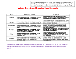 Winter Breads and Goodies Bake Schedule