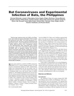 Bat Coronaviruses and Experimental Infection of Bats, the Philippines Shumpei Watanabe, Joseph S
