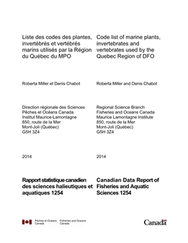 Liste Des Codes Des Plantes, Invertébrés Et Vertébrés Marins