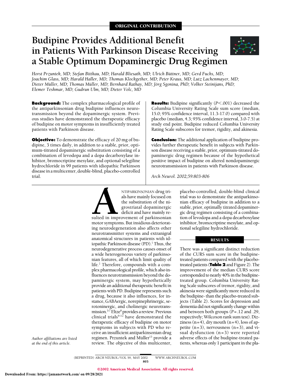 Budipine Provides Additional Benefit in Patients with Parkinson Disease Receiving a Stable Optimum Dopaminergic Drug Regimen