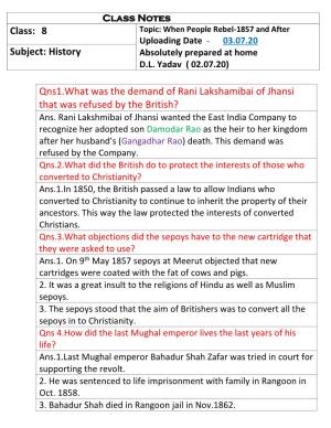 8 Subject: History Qns1.What Was the Demand of Rani Lakshamibai Of