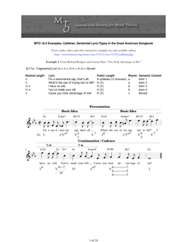 MTO 19.3 Examples: Callahan, Sentential Lyric-Types in the Great American Songbook