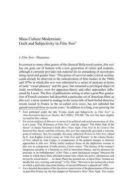 Mass Culture Modernism: Guilt and Subjectivity in Film Noir*
